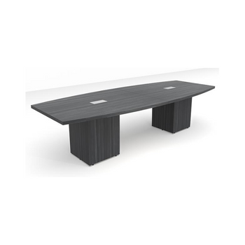 gray long conference table with wide legs and silver plates in center